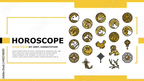Chinese Horoscope And Accessory Landing Web Page Header Banner Template Vector. Rabbit And Monkey, Goat And Snake, Dragon And Horse Chinese Horoscope Animal . Lantern Plum Tree Branch Illustration