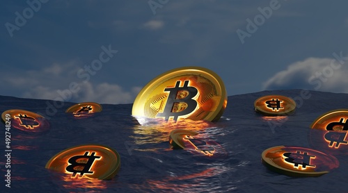 many Bitcoin flowing on a ocean.BTC is sinking same liquidity concept in the dark .3D Rendering.