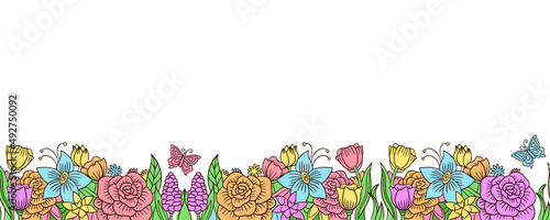 Spring seamless border with flowers and butterflies. Vector endless floral ornament for create design, poster, banner, print.