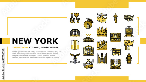 New York American City Landmarks Landing Web Page Header Banner Template Vector. Square And 5th Avenue, Central Park Broadway, Manhattan Brooklyn Bridge . Subway Taxi Cab Urban Transport Illustration photo