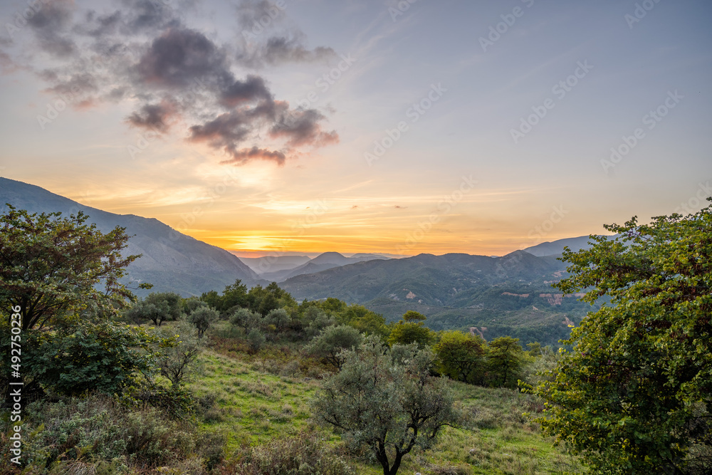 Sunset in Albanian mountain near city Gjirokastra