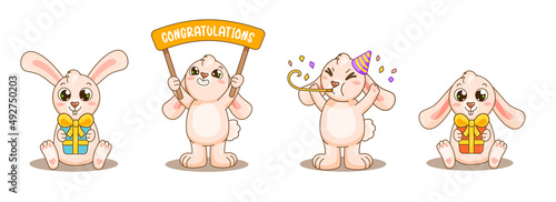 Set baby rabbits in different poses with party stuff. Cute animals celebrate birthday, give gifts, hold sign congratulations and smile. Vector bunny collection for design, print, birthday, party.
