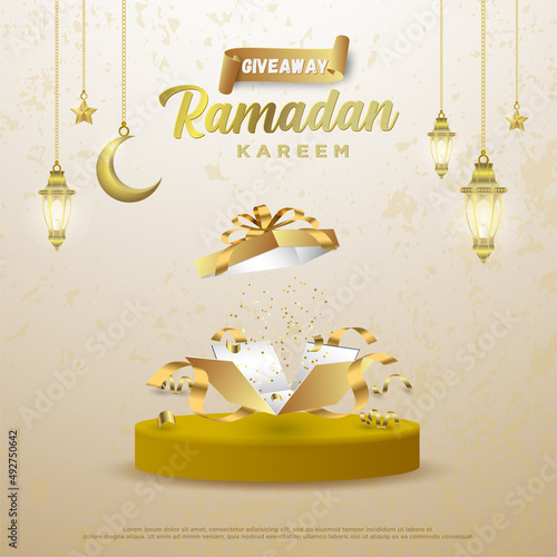 Giveaway Ramadan Kareem vector card with 3d golden metal crescent and stars.