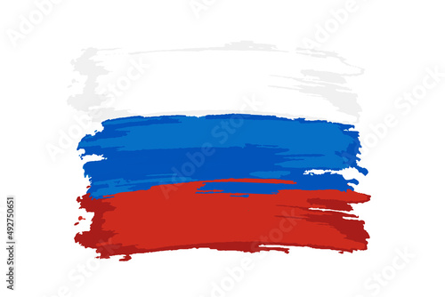 The flag of Russia. The Russian flag. Background of a brush stroke on a blue background. White, blue, red.