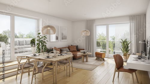Interior of luxury modern scandinavian apartment.  Comfortable hygge living room