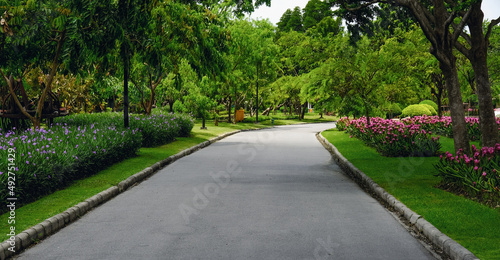 A walkway or jogging track in a public park with vibrant blooming flowers.