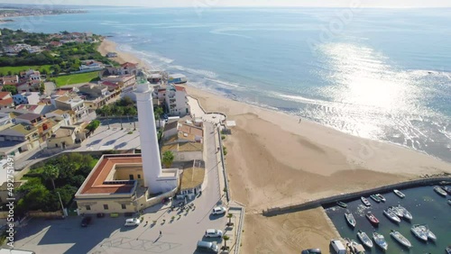 Aerial View of Punta Secca and Mediterranean Sea, Santa Croce Camerina, Ragusa, Sicily, Italy, Europe