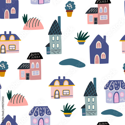 Cute cartoon houses seamless pattern. Various little tiny houses. Small townhouses, minimalism of urban buildings. Perfect for printing, textiles, wrapping paper. Vector illustrations