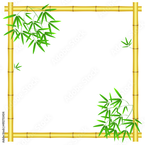 Bamboo decorative yellow frame with green bamboo leaves.