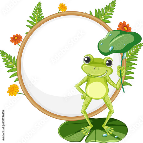 Blank wooden signboard with frog in cartoon style