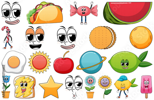 Set of facial expression with vintage style food cartoon on white background