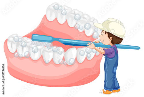 Happy kid brushing whiten teeth with a toothbrush on white background