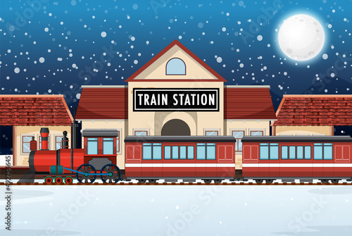 Train station scene with steam locomotive