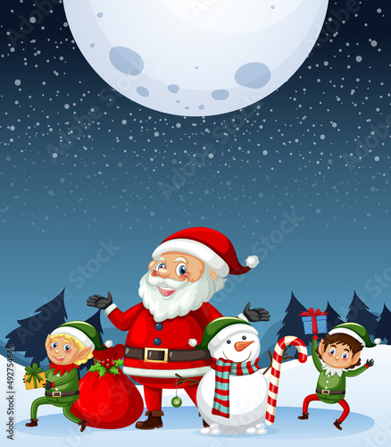 Snowy winter night with Santa Claus and elves