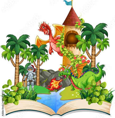 Book with scene of dragon and knight fighting