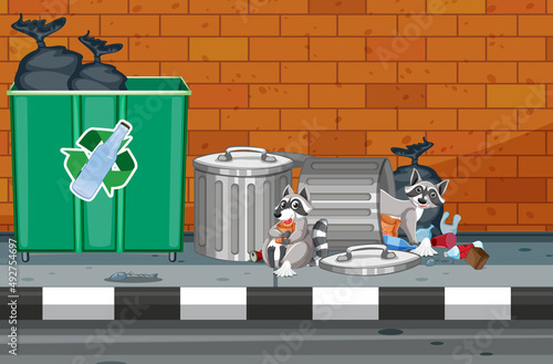 Raccoons searching trashcan full of dirty bags and plastic