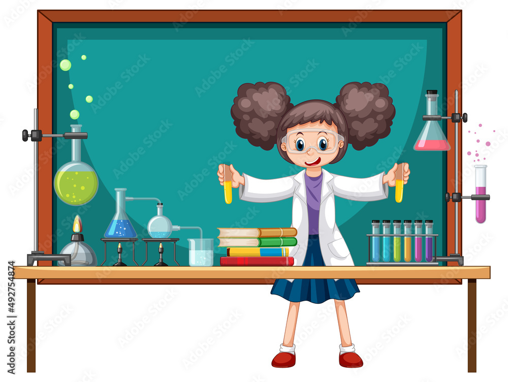 Scientist cartoon character with science lab objects Stock Vector | Adobe  Stock