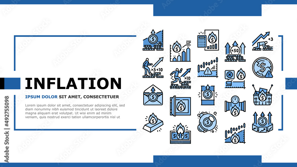 Inflation Financial World Problem Landing Web Page Header Banner Template Vector. Core And Rate Inflation, Stagflation Online Market Finance Hyperinflation, Deflation Money And Food Asset Illustration - obrazy, fototapety, plakaty 