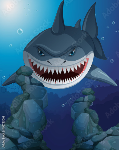 Aggressive shark underwater deep sea background
