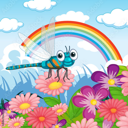Flower field with cartoon dragonfly