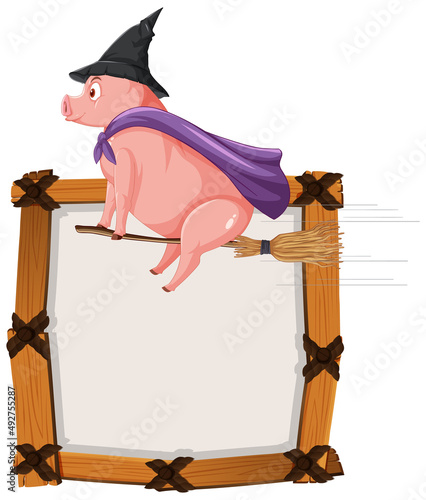 Isolated wooden banner with witch pig riding bloom