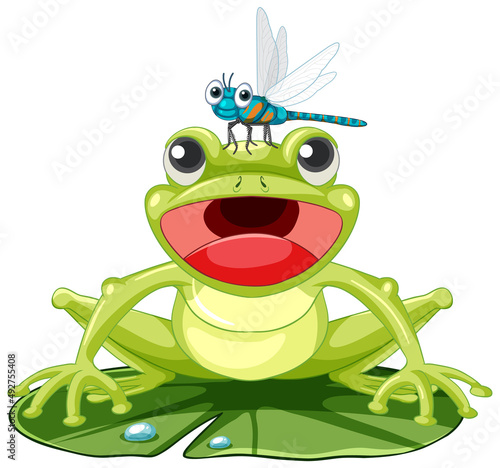 Cartoon frog on lotus leaf with dragonfly