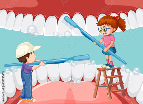 Happy kids brushing whiten teeth with a toothbrush inside human mouth