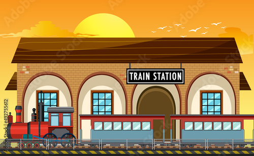 Train station scene with steam locomotive