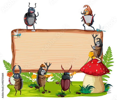 Blank wooden signboard with beetle cartoon
