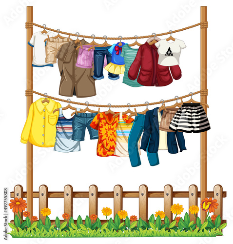 Many clothes hanging on clothesline