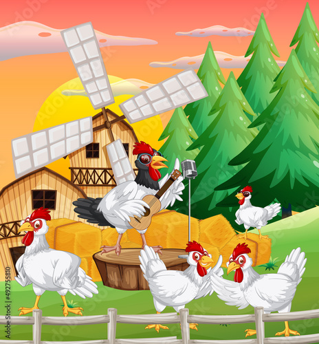 Farm scene with a group of chickens