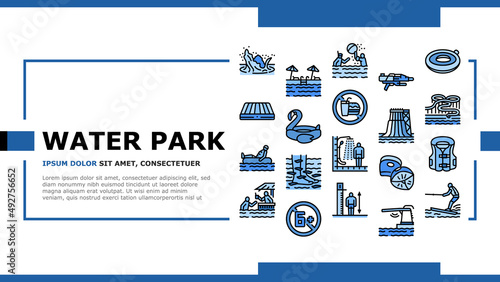 Water Park Attraction And Pool Landing Web Page Header Banner Template Vector. Water Park Restaurant And Bar, Inflatable Swim Vest Lifebuoy, Trampoline Mattress. Swimming Enjoying Time Illustration