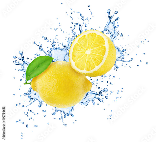 Halved and whole lemons in water splash isolated on white background.