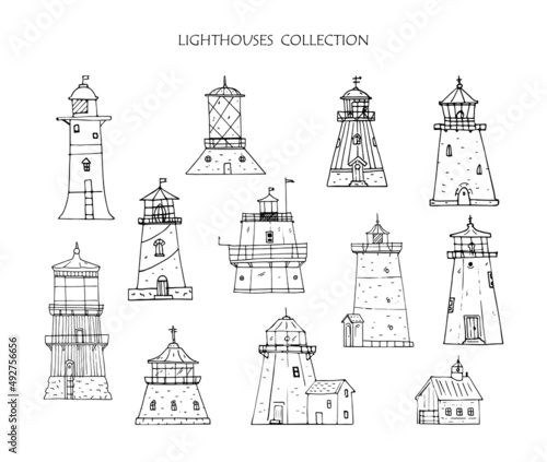 Lighthouses hand drawn ink sketch vector collection.