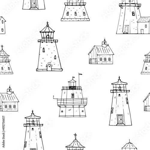 Lighthouses hand drawn ink sketch vector seamless pattern.