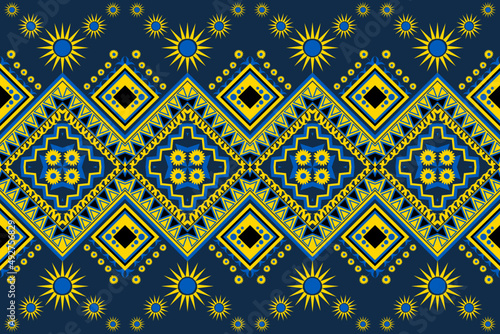 The seamless pattern was conceptualized from the colors of the Ukrainian flag and Ukrainian national symbol, Sunflower, designed into a beautiful fabric pattern. Use for backgrounds, carpets, shirts