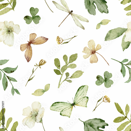 Watercolor vector seamless pattern with green foliage and flowers.