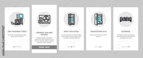 Appliances Domestic Equipment Onboarding Mobile App Page Screen Vector. Washer And Dryer Machine, Refrigerator And Freezer, Air Conditioner And Cooling, Microwave Ice Maker Appliances. Illustrations