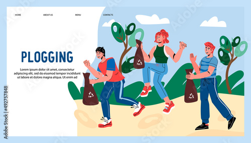 Website banner for Plogging cleanup volunteer eco initiative. Plogging and volunteering, social responsibility concept for web page, flat vector illustration.