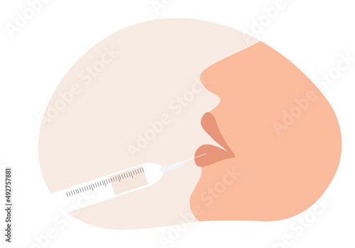 Filler injection concept. Serum syringe injects filler to lip of woman vector illustration. Plastic, aesthetic cosmetology beauty treatment concept