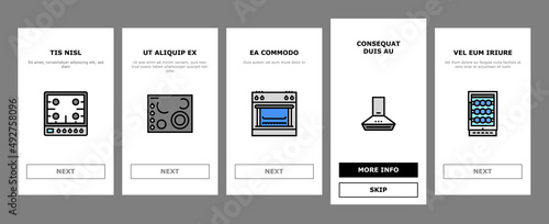 Appliances Domestic Equipment Onboarding Mobile App Page Screen Vector. Washer And Dryer Machine, Refrigerator And Freezer, Air Conditioner And Cooling, Microwave Ice Maker Appliances. Illustrations