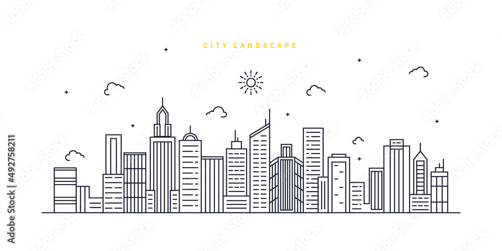 Cityscape. Modern flat line landscape vector. City landscape line art illustration with building, tower, skyscrapers. Vector illustration.