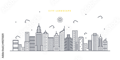 Cityscape. Modern flat line landscape vector. City landscape line art illustration with building, tower, skyscrapers. Vector illustration.