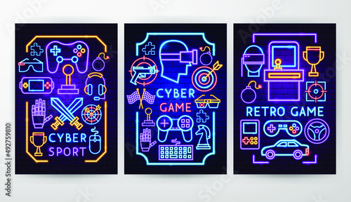 Cyber Game Neon Flyers. Vector Illustration of Technology Promotion.