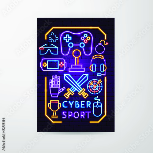 Cyber Sport Neon Flyer. Vector Illustration of Technology Promotion.