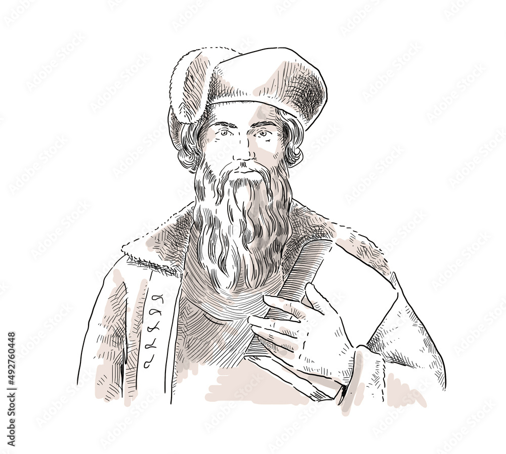 Obraz premium Johannes Gutenberg holding a Book, illustration
