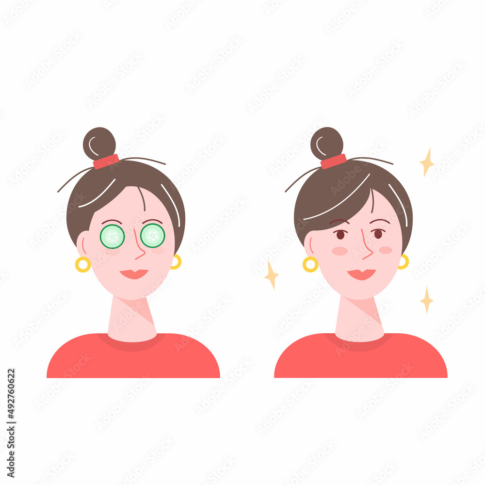 Vector illustration of a girl doing cosmetic procedures. Cucumbers on eyes as domestic skin care routine. Vector illustration of a girl doing cosmetic procedures. Cucumbers on eyes as domestic skin care routine.