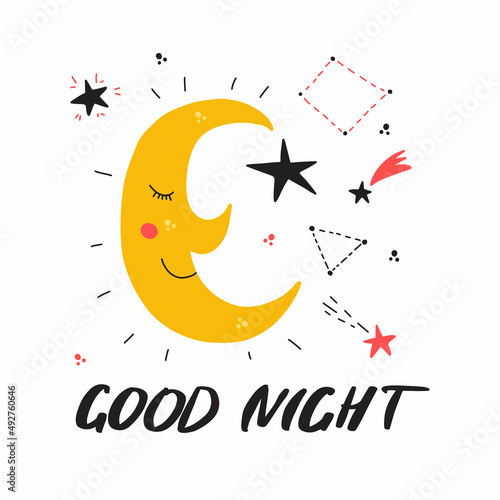 Vector illustration of cute sleepy moon and good night lettering. Colorful handwritten design with moon, stars and constellations.