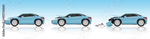 Cartoon vector or illustration. Status of the soft blue EV car from normal car to the car was slightly damaged. until the car was severely damaged fall apart.