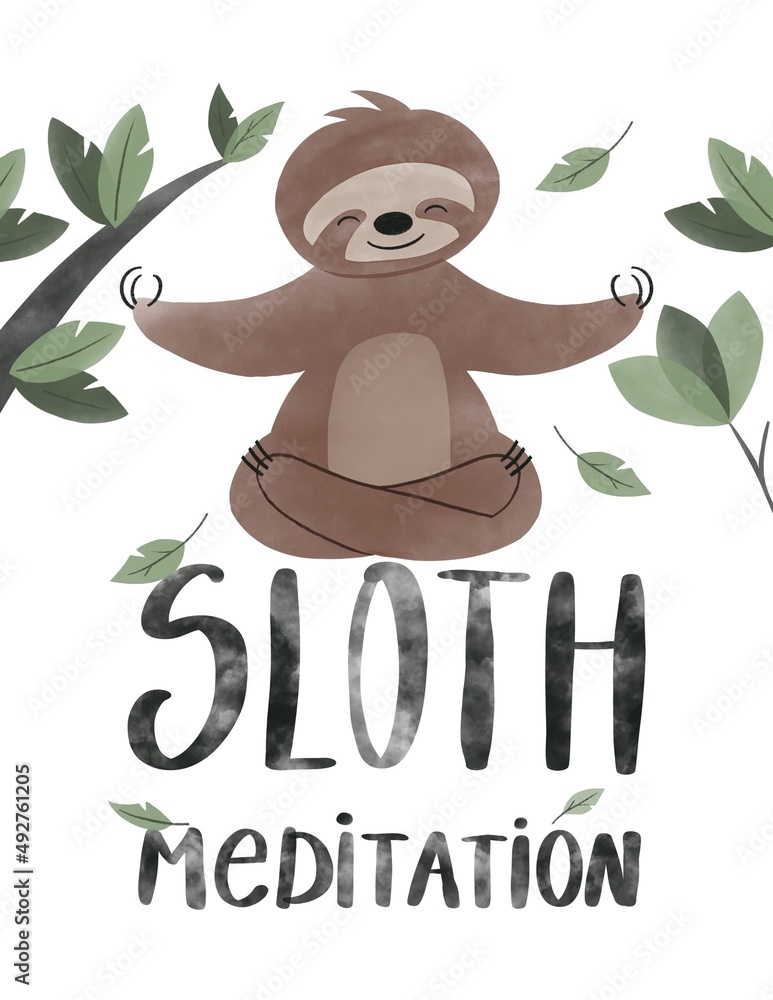 Obraz premium Sloth watercolor funny illustrations. Sloth meditation card.